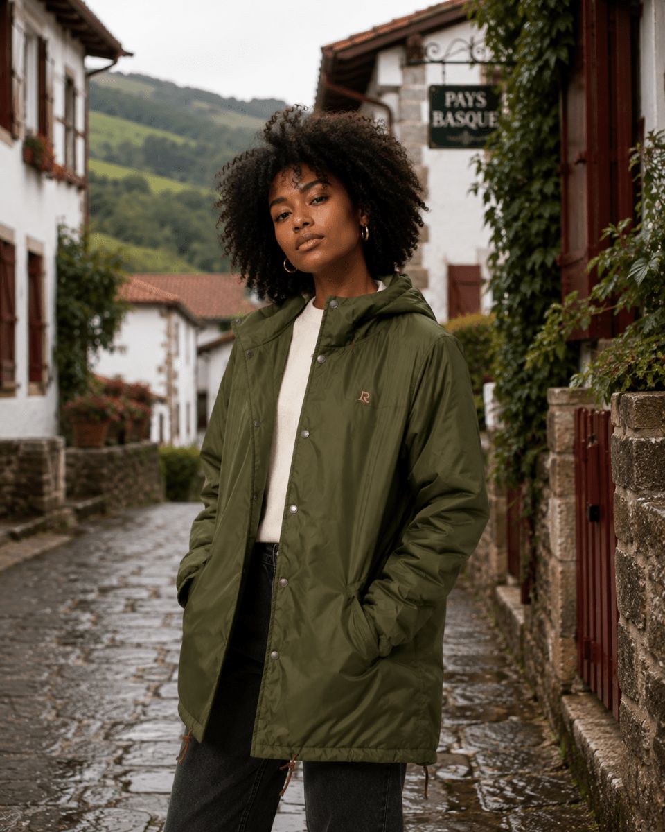 Parka RIVHEX kaki portée ouverte dans une rue