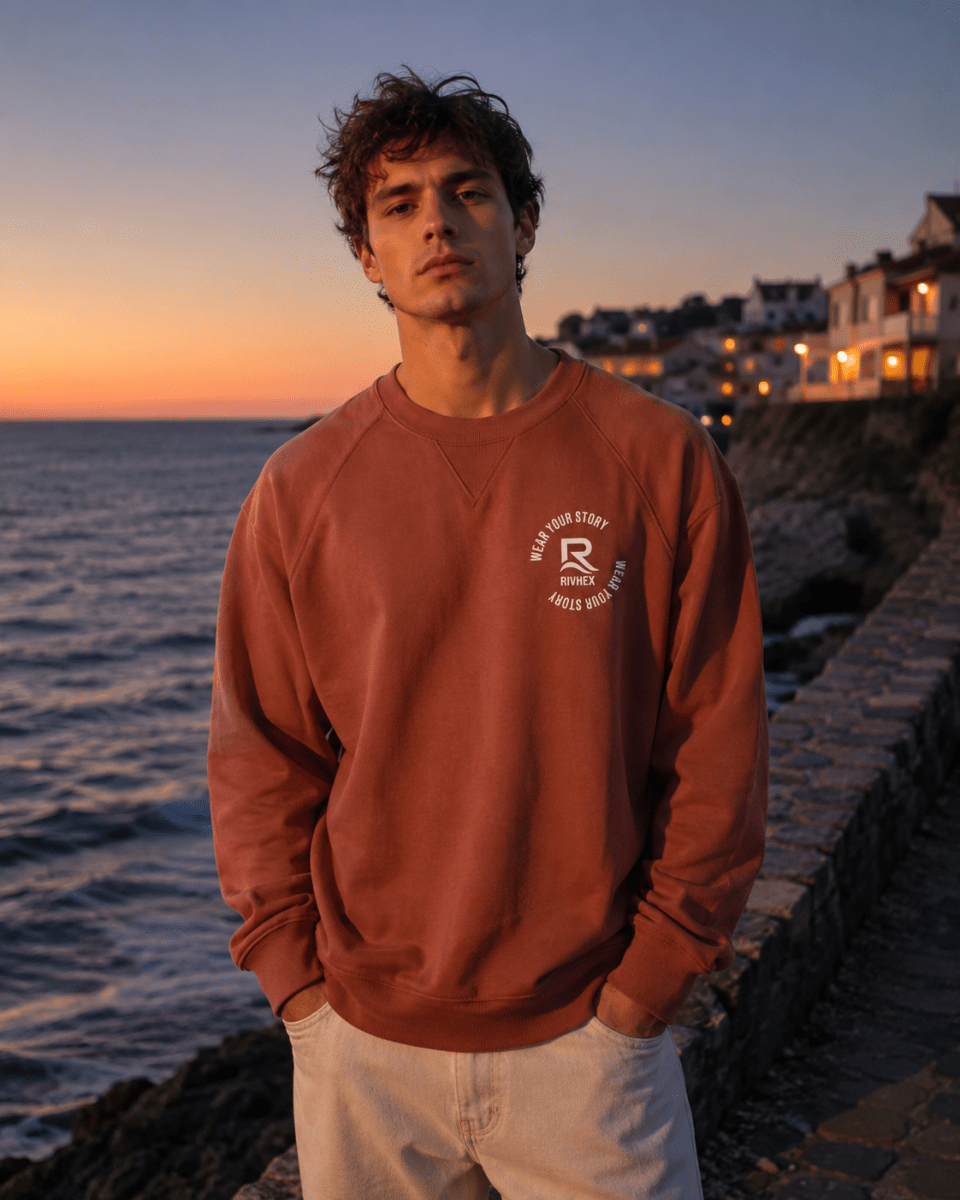 RIVHEX — Sudadera Riv X, color bronce, vista frontal junto al mar al atardecer