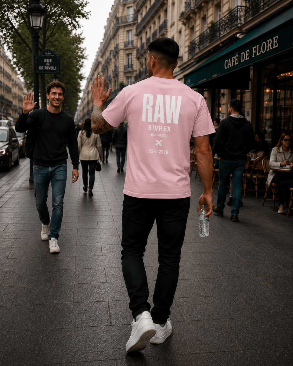 T-shirt RAW RIVHEX rose porté de dos dans une rue, grand visuel typographique blanc