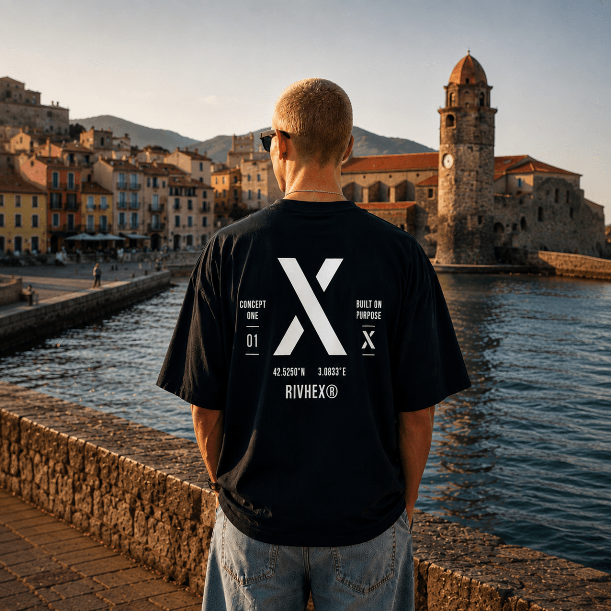 T-shirt oversize Concept One X RIVHEX noir porté de dos, grand X blanc, en bord de mer