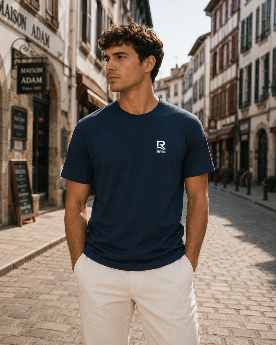 T-shirt NeoHex RIVHEX bleu marine porté de face dans une rue, petit logo poitrine