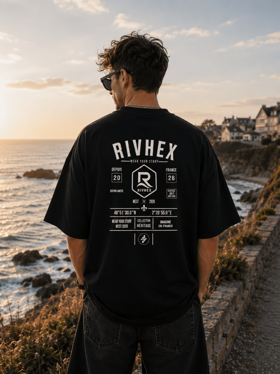 T-shirt oversize Héritage RIVHEX noir porté de dos sur la côte, grand visuel blanc
