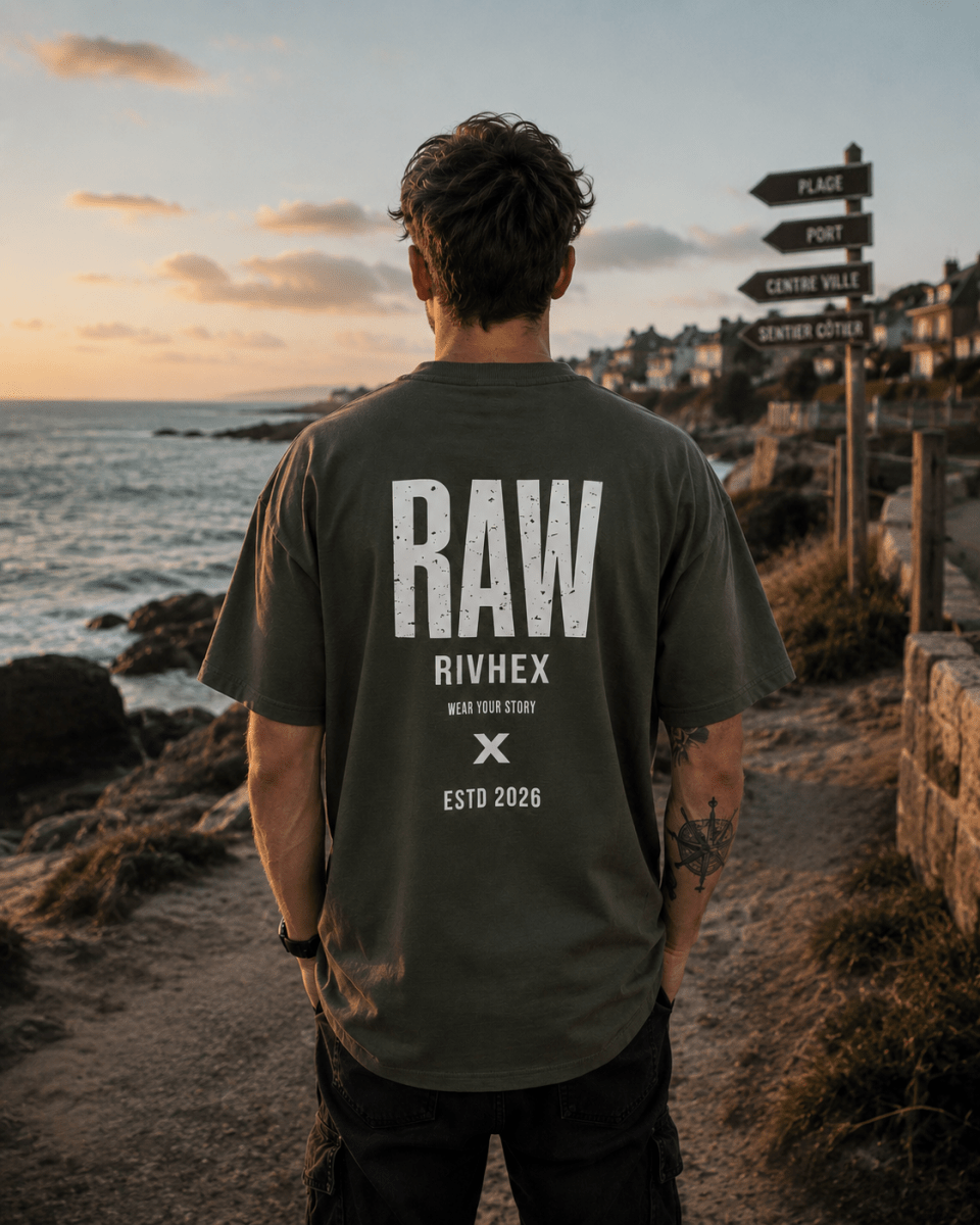 T-shirt oversize RAW RIVHEX kaki porté de dos sur la côte, grand visuel typographique blanc