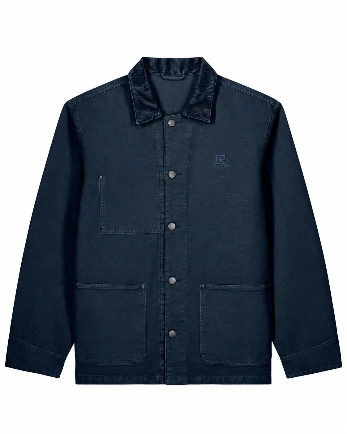 Veste L’Ancrage RIVHEX bleu marine en coton bio, vue de face avec broderie ton sur ton — simulation
