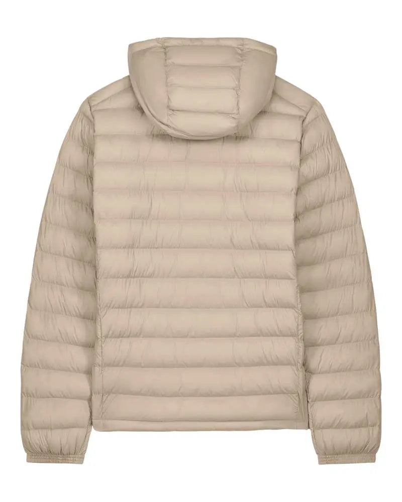 Veste matelassée homme L’Horizon RIVHEX sable, capuche et vue de dos à plat