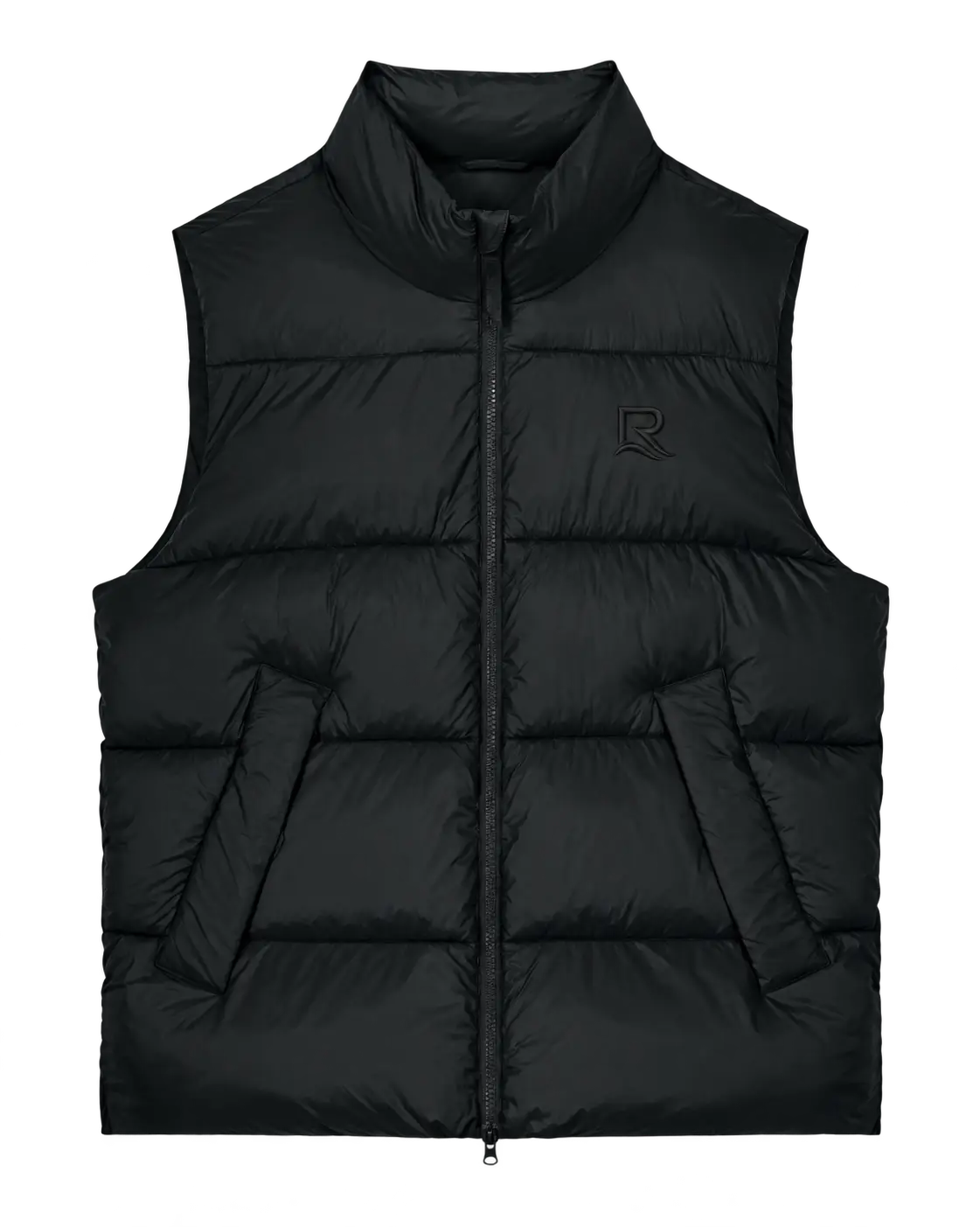 Veste sans manches unisexe L’Escapade RIVHEX Noir, vue de face et broderie ton sur ton