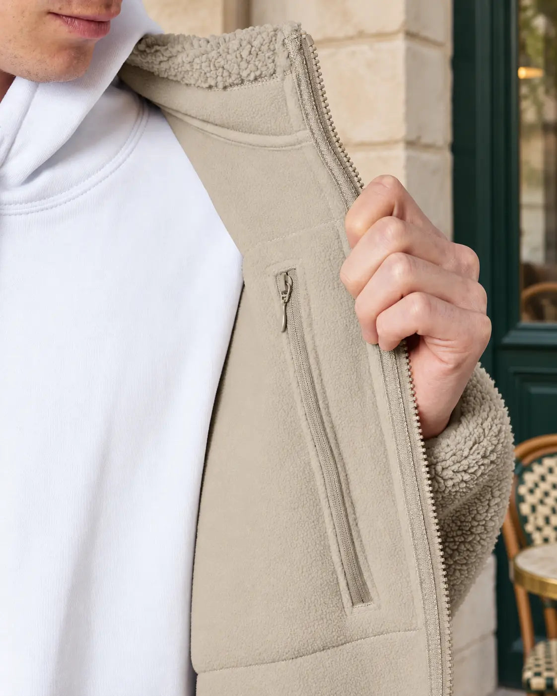 Veste Sherpa unisexe RIVHEX Le Refuge crème, détail de l’intérieur et de la poche poitrine