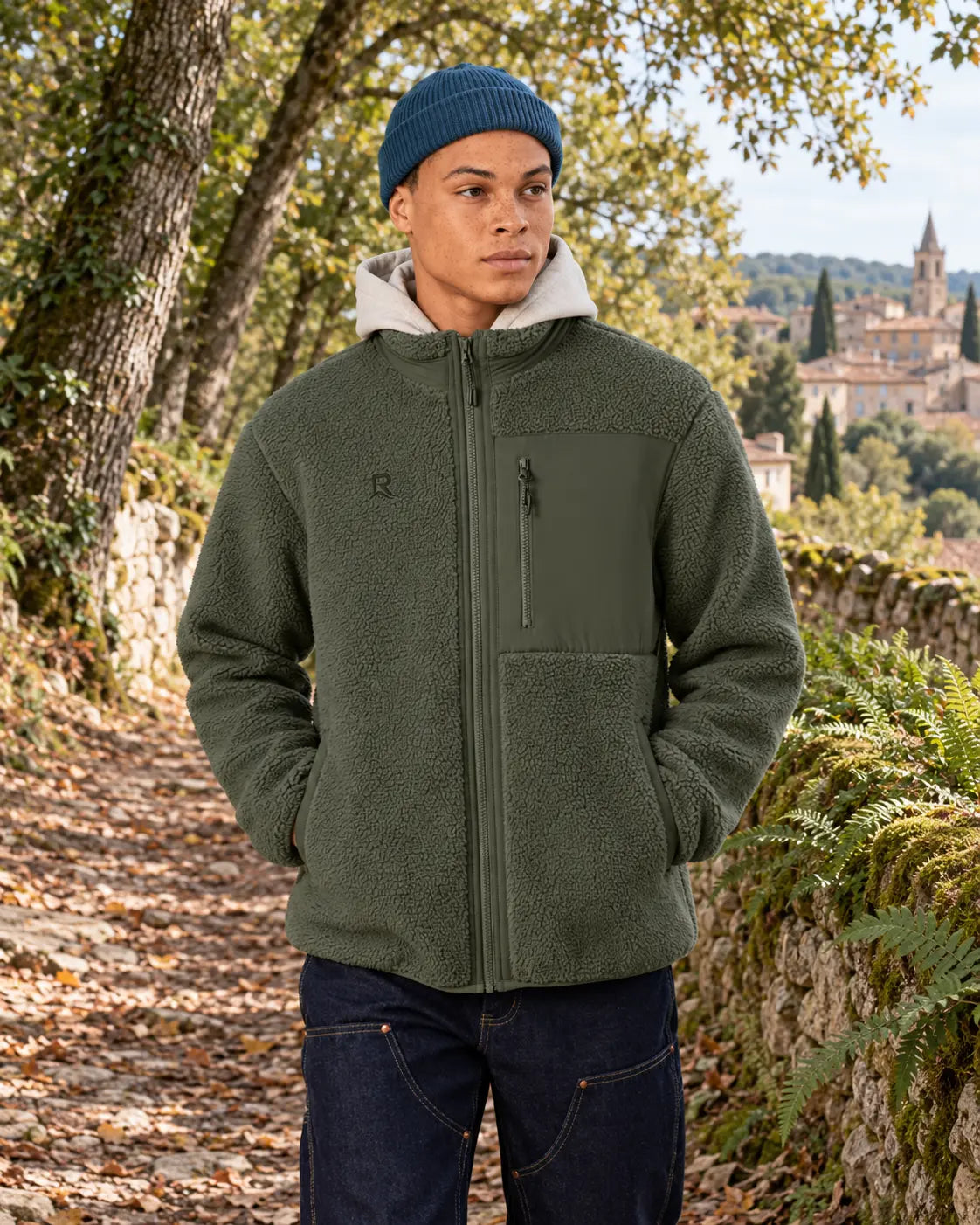Veste Sherpa unisexe RIVHEX Le Refuge kaki, homme sur un sentier