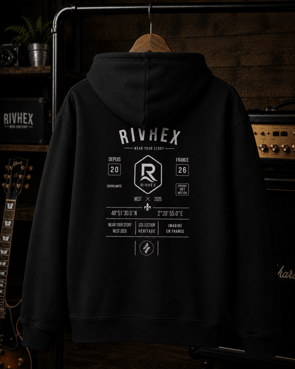Veste zippée à capuche Héritage RIVHEX noire sur cintre, grand visuel blanc au dos