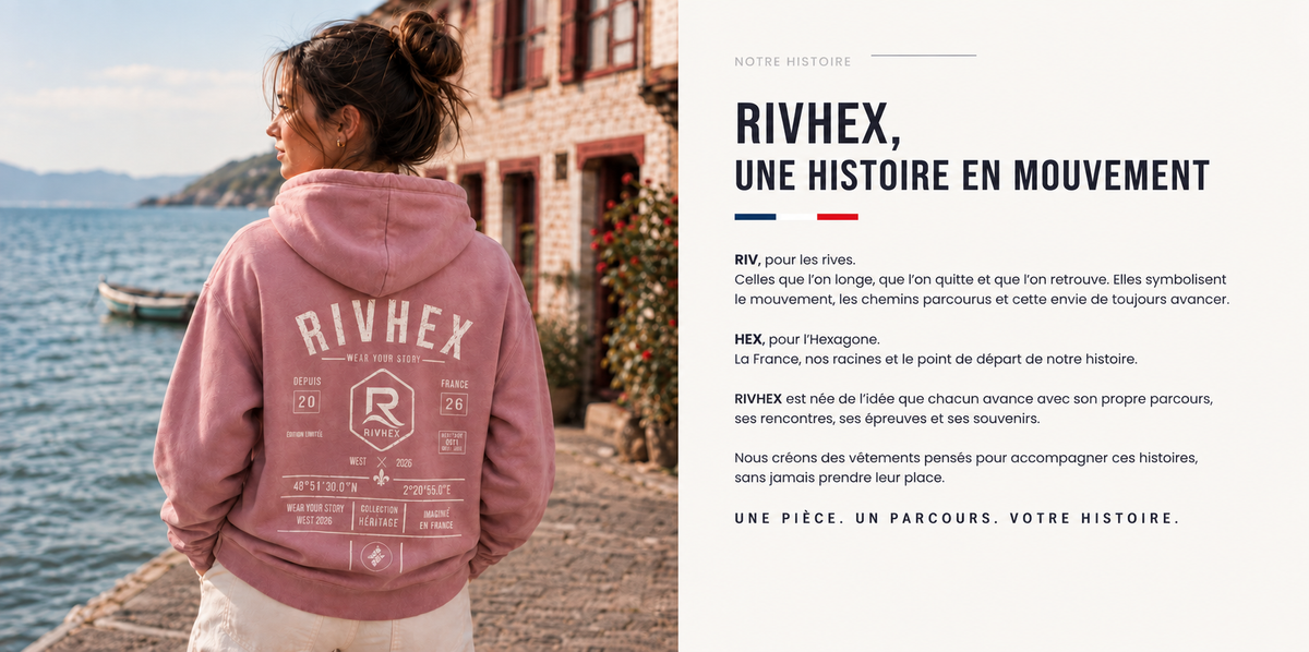Pale pink RIVHEX Héritage hoodie with text presenting our story