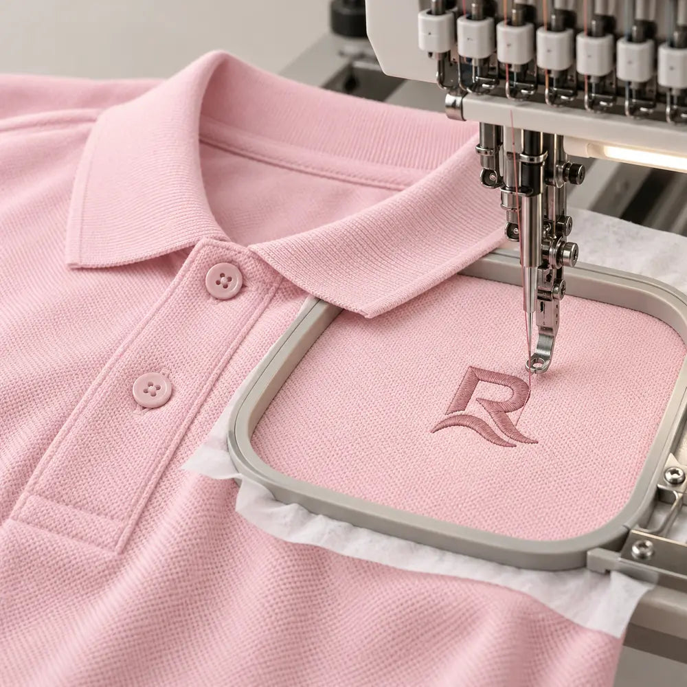 Illustration générée par IA : broderie du logo RIVHEX sur un polo rose