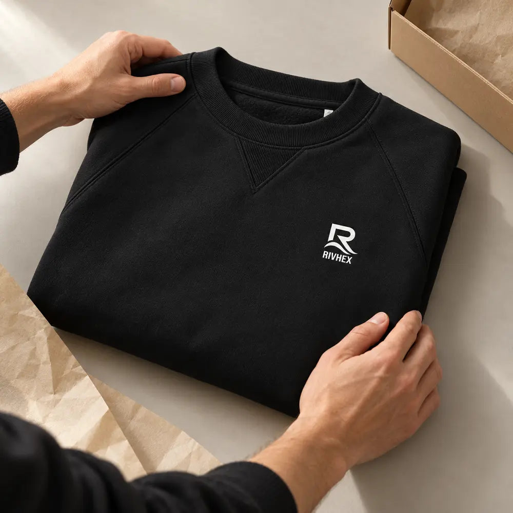 Illustration générée par IA : préparation soignée d’un sweat RIVHEX noir