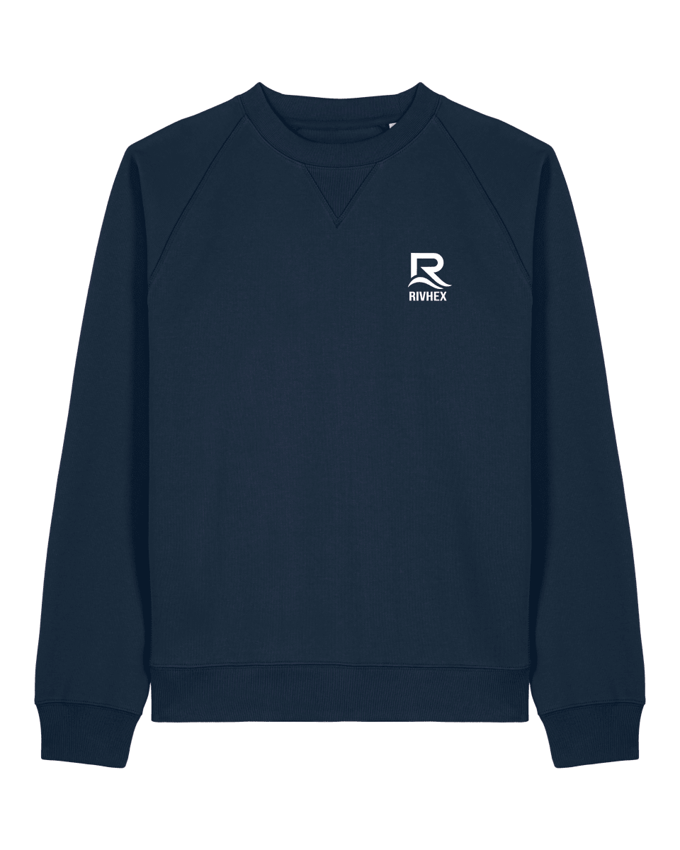 RIVHEX — Sudadera Rivage, color azul marino, cuello redondo y logotipo pequeño en el pecho, vista frontal