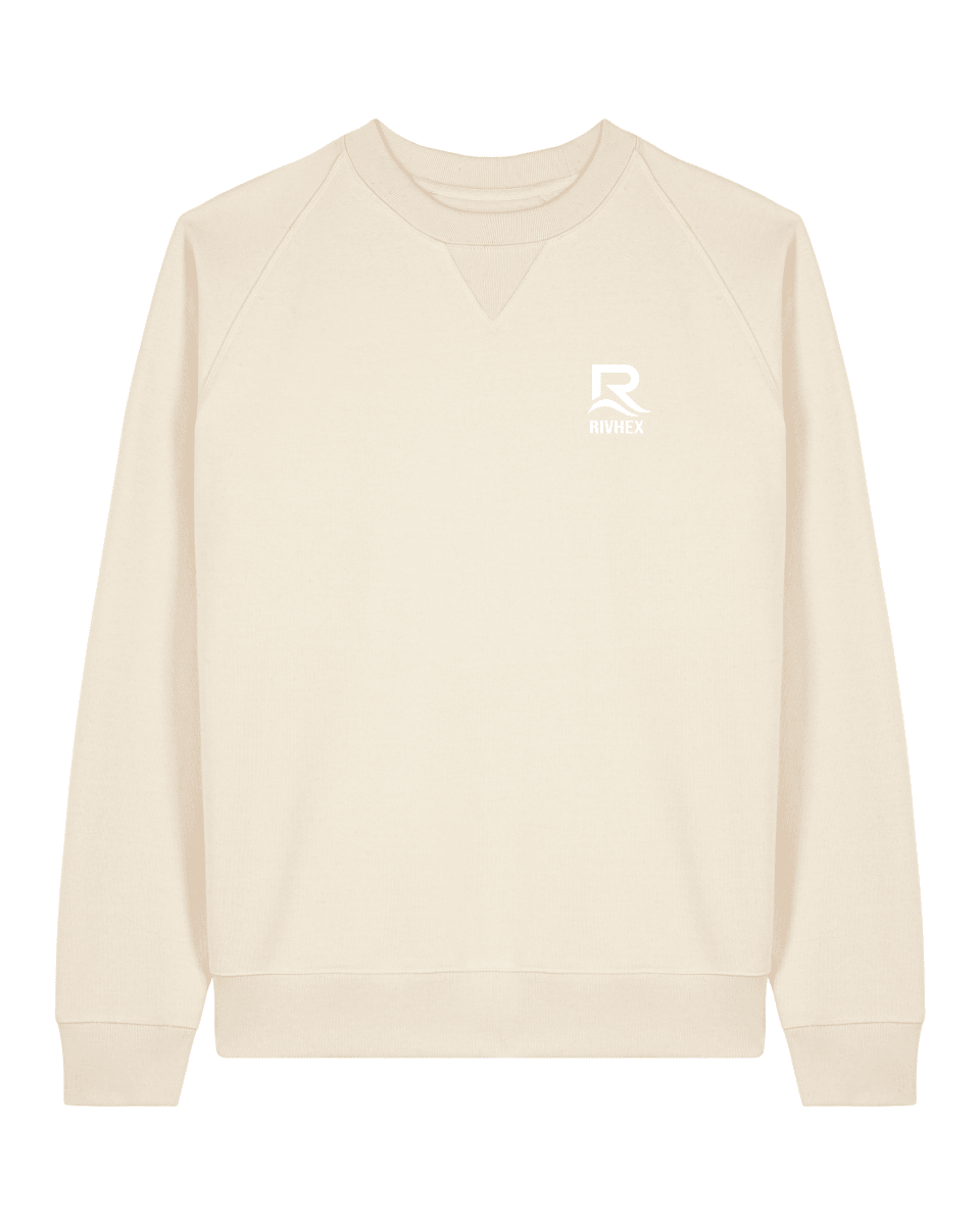 Sweat sans capuche RIVHEX® Rivage coloris crème, col rond, logo RIVHEX poitrine, coton biologique