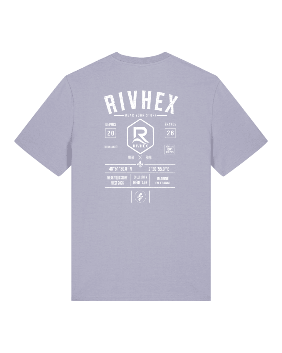 RIVHEX — Camiseta Héritage medium fit, color lila, gran diseño tipográfico blanco en la espalda