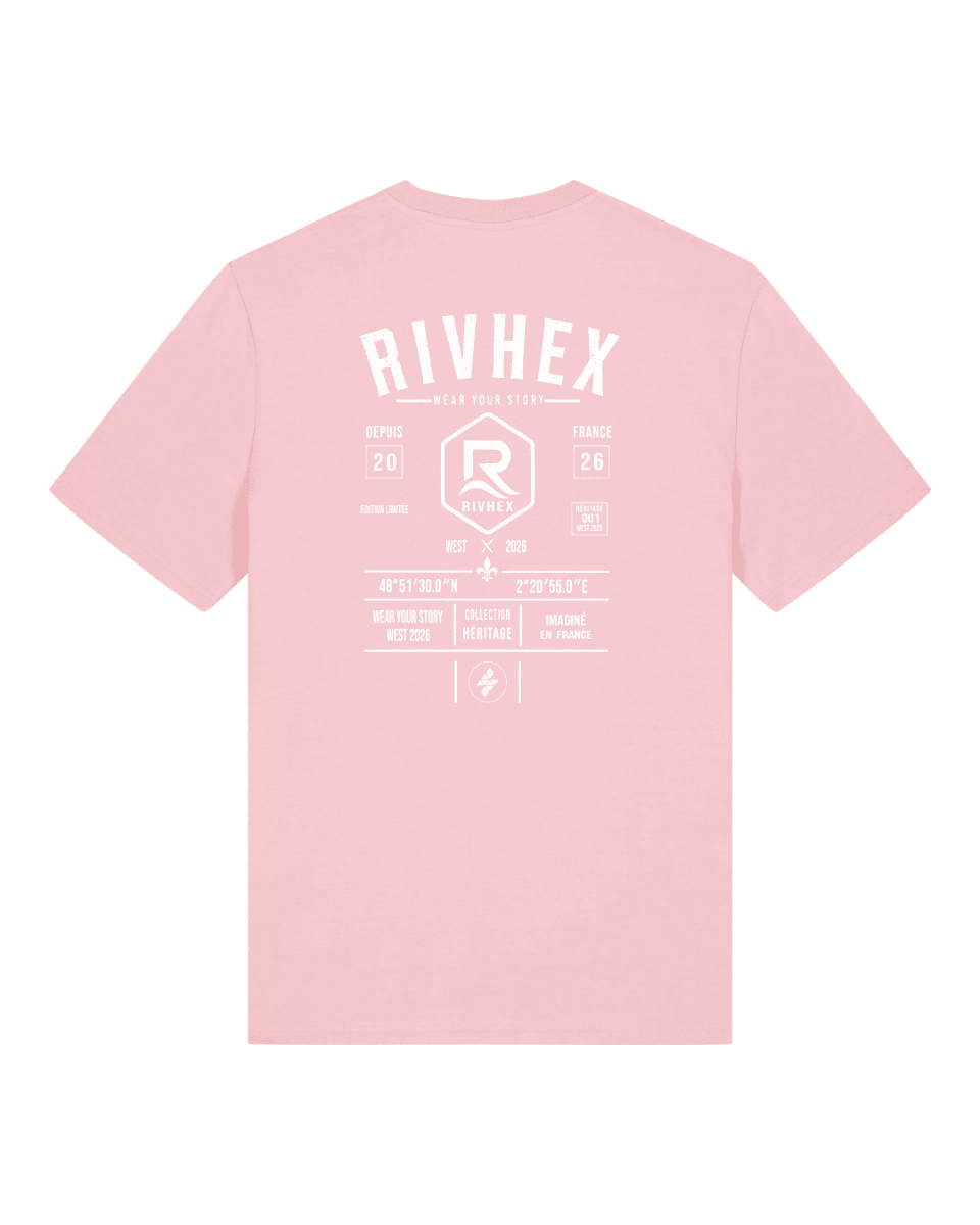 RIVHEX — Camiseta Héritage medium fit, color rosa pálido, gran diseño tipográfico blanco en la espalda