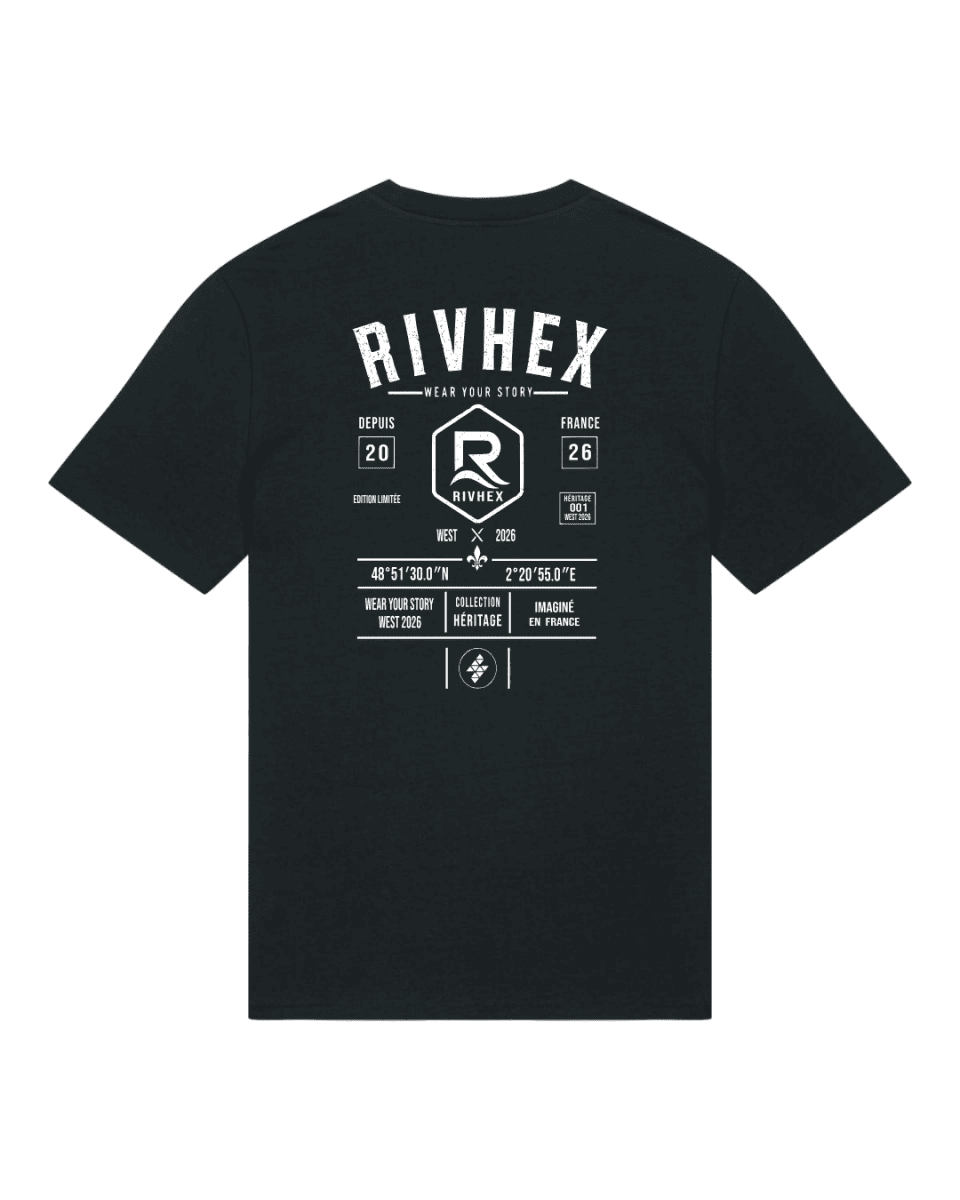 RIVHEX — Camiseta Héritage medium fit, color negro, gran diseño tipográfico blanco en la espalda