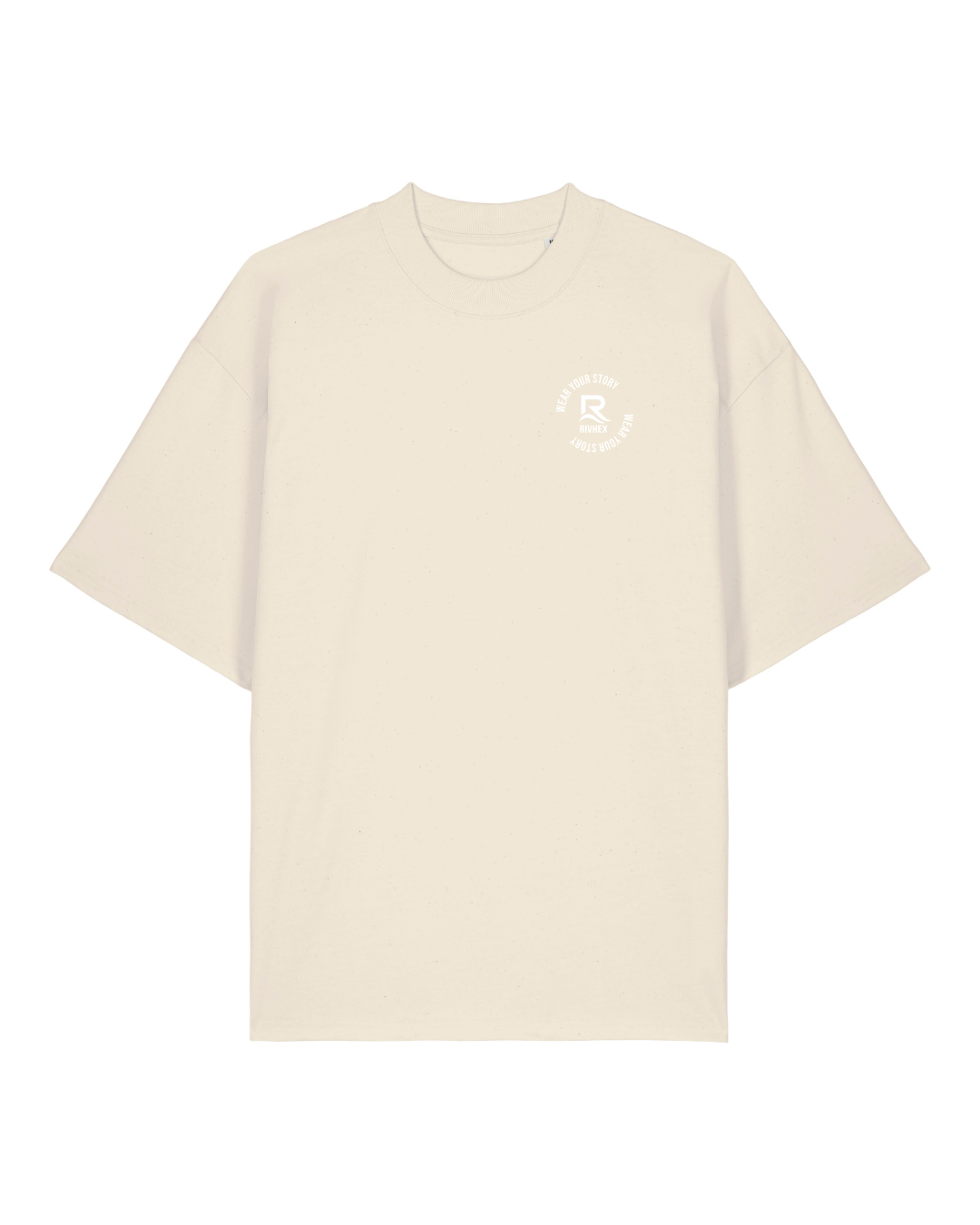 T-shirt RIVHEX Hexaflow oversize en coton bio – détail motif cœur coloris crème