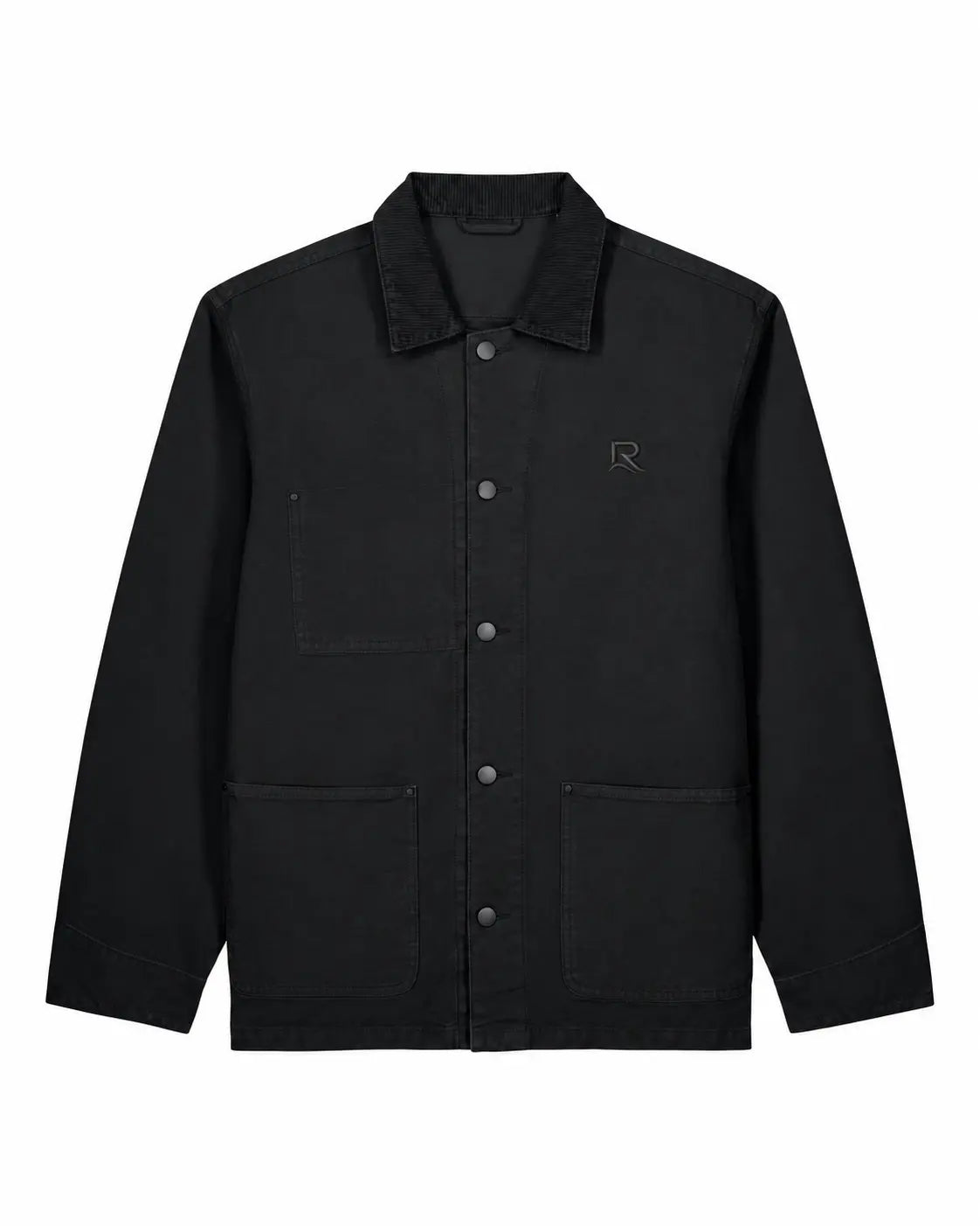 Veste L’Ancrage RIVHEX noire en coton bio, vue de face avec broderie ton sur ton — simulation