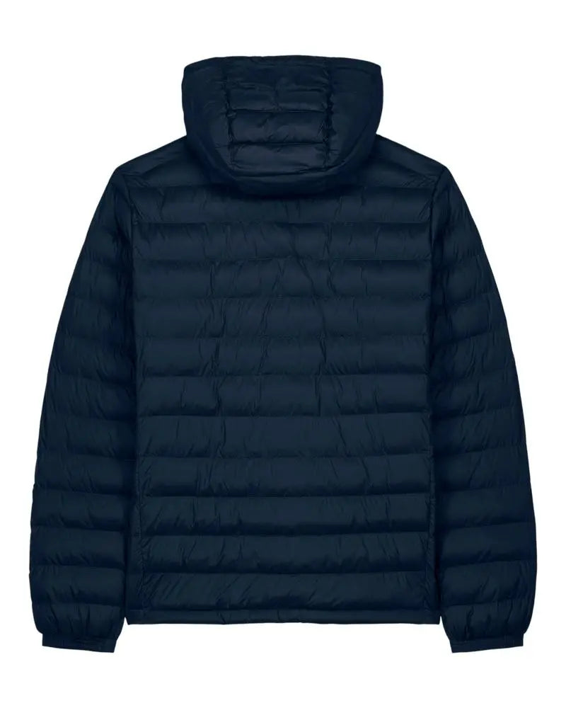 Veste matelassée homme L’Horizon RIVHEX bleu marine, capuche et vue de dos à plat