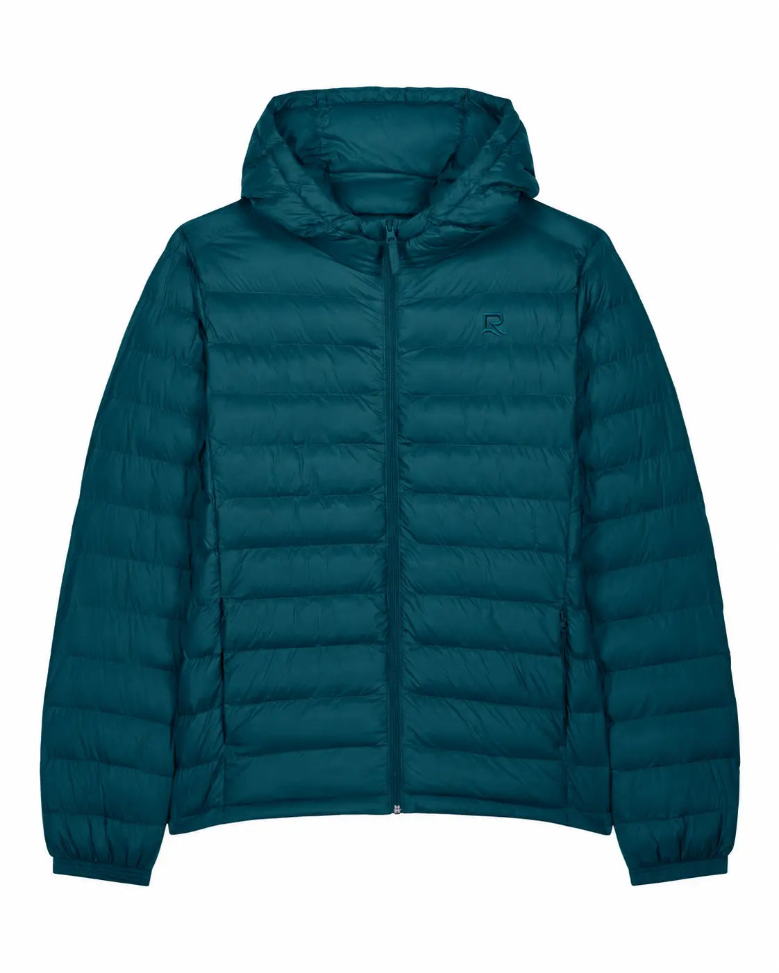 Veste matelassée homme L’Horizon RIVHEX bleu pétrole, vue de face et broderie ton sur ton — simulation