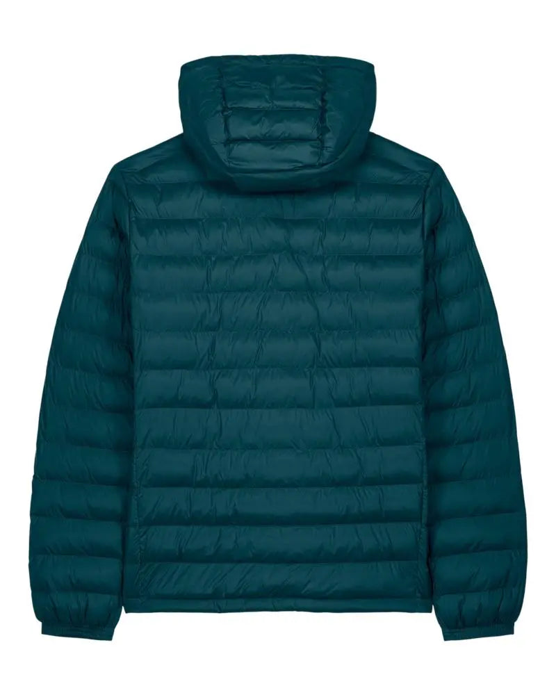 Veste matelassée homme L’Horizon RIVHEX bleu pétrole, capuche et vue de dos à plat
