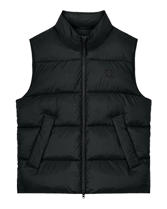 Veste sans manches unisexe L’Escapade RIVHEX Noir, vue de face et broderie ton sur ton